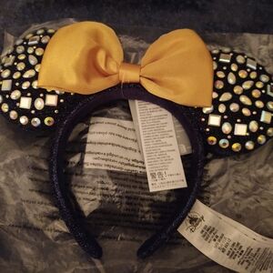 Disney Parks 50th Anniversary Jeweled Minnie Mouse ears Navy Blue With Gold Bow